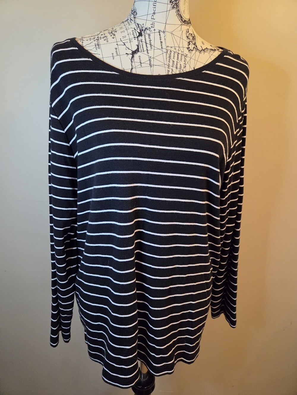 CJ Banks Womens 1X Black White Striped Long Sleeve Top Cotton Tunic Shirt
